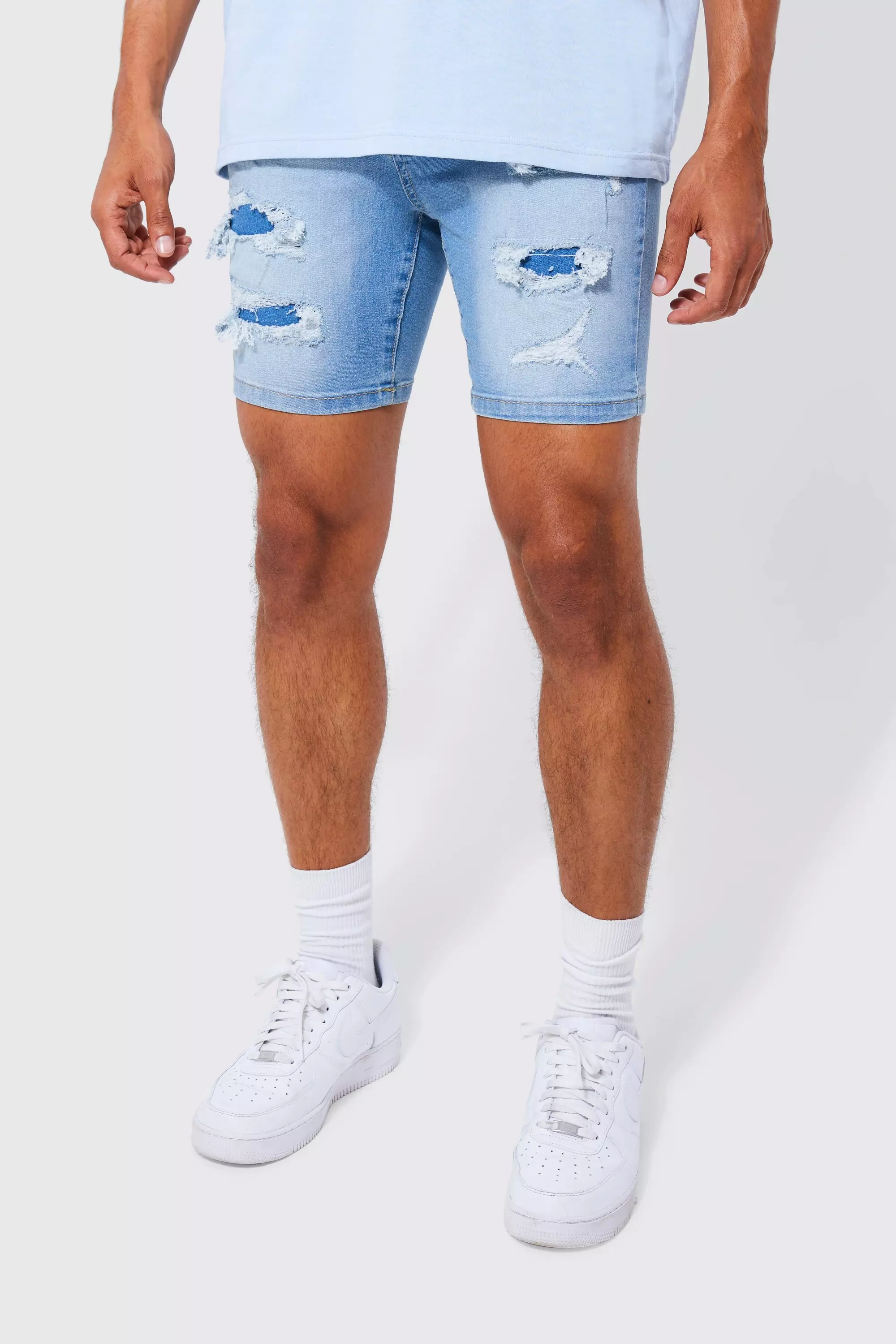 Skinny Stretch Rip And Repair Denim Shorts boohooMAN IE